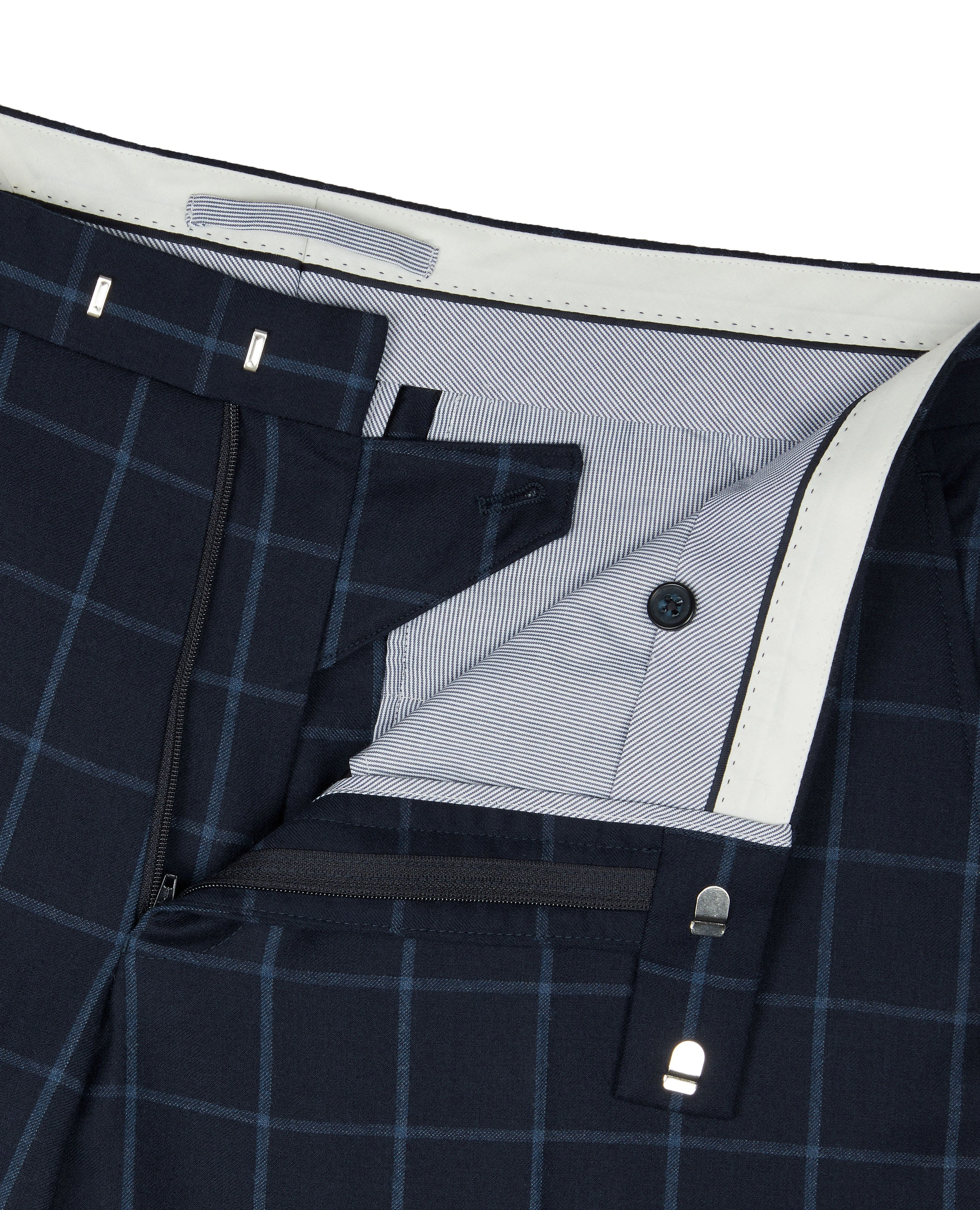 Elegante pantalón de traje Adelphi azul marino a cuadros ventana, italiano y slim.